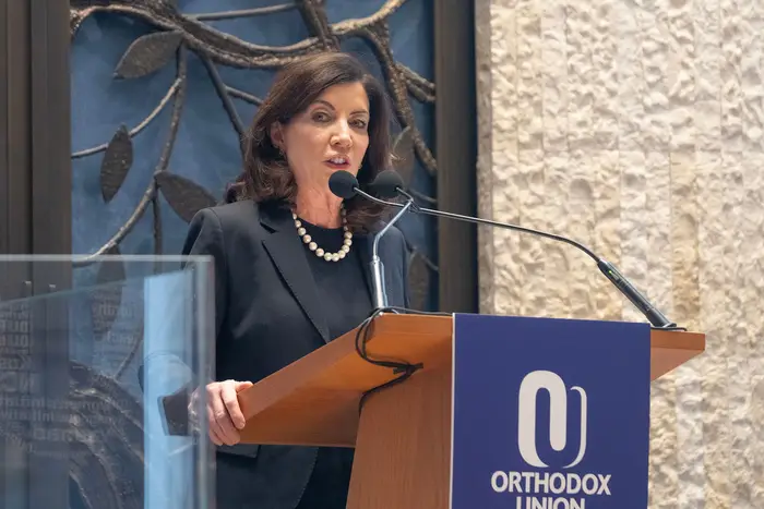 New York State Governor Kathy Hochul speaks during meeting with the Orthodox Union on combating antisemitism by elected officials at Lincoln Square Synagogue. Hochul faces opposition in her nomination of Hector LaSalle to the state's highest court.